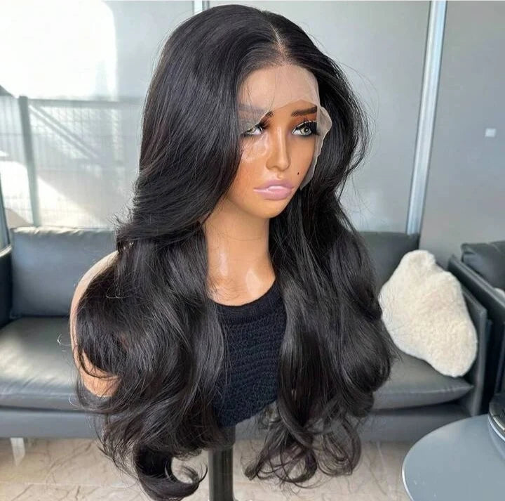 NATURAL BLACK CURTAIN BANGS HUMAN BLEND LACE FRONT WIG 22 Inch